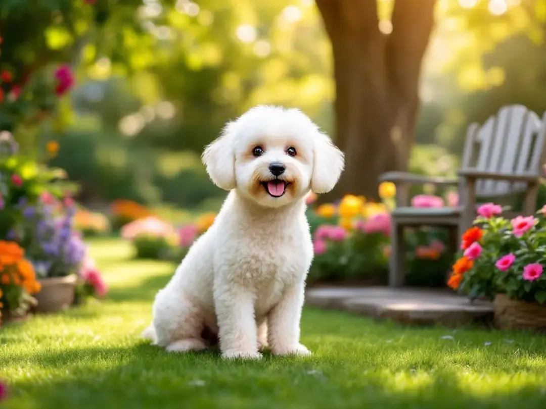 A fluffy Bichon Frise with a luxurious white curly coat is sitting gracefully in a vibrant garden, showcasing its...