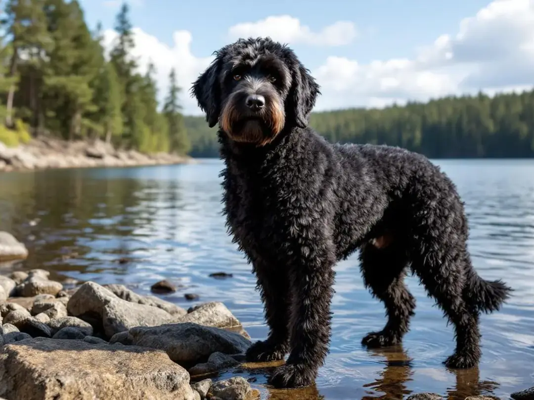 A Portuguese Water Dog with a curly black coat stands gracefully by the water, showcasing its hypoallergenic qualities...