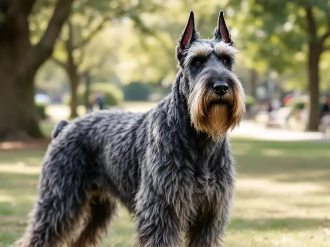 A Giant Schnauzer with a wiry gray coat stands proudly in a park setting, showcasing its hypoallergenic breed...