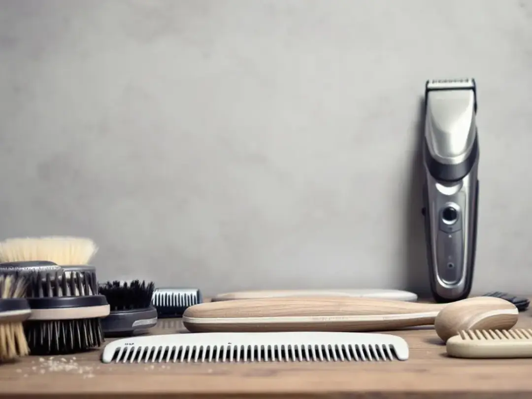 The image displays a variety of professional grooming tools, including brushes and clippers, neatly arranged on a...