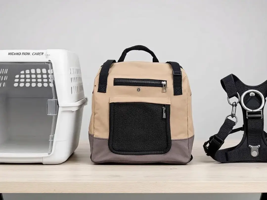 The image showcases various types of dog restraints for car travel, including a hard crate, a soft carrier, and a...