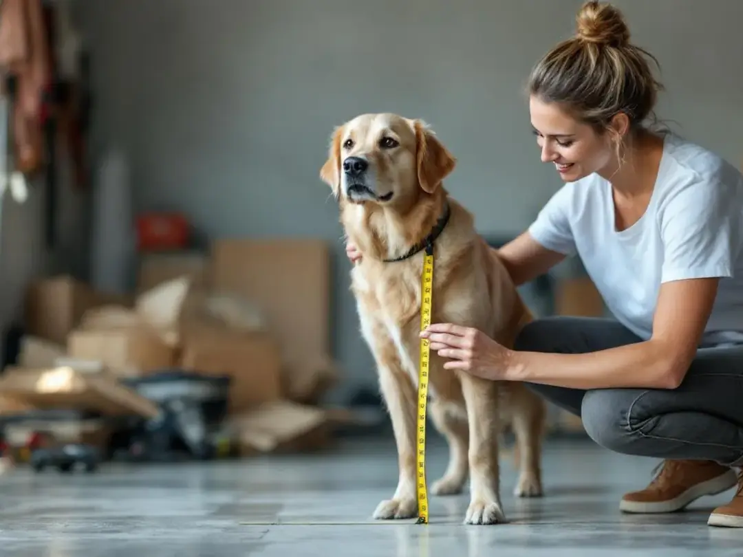 A dog owner is measuring their medium-sized dog with a measuring tape to ensure they select the right dog car seat for...