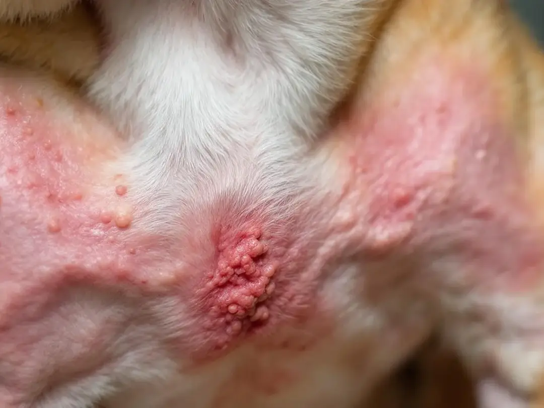 A close-up photograph depicts a dog's chest area with reddened, irritated skin and noticeable hair loss, indicating...