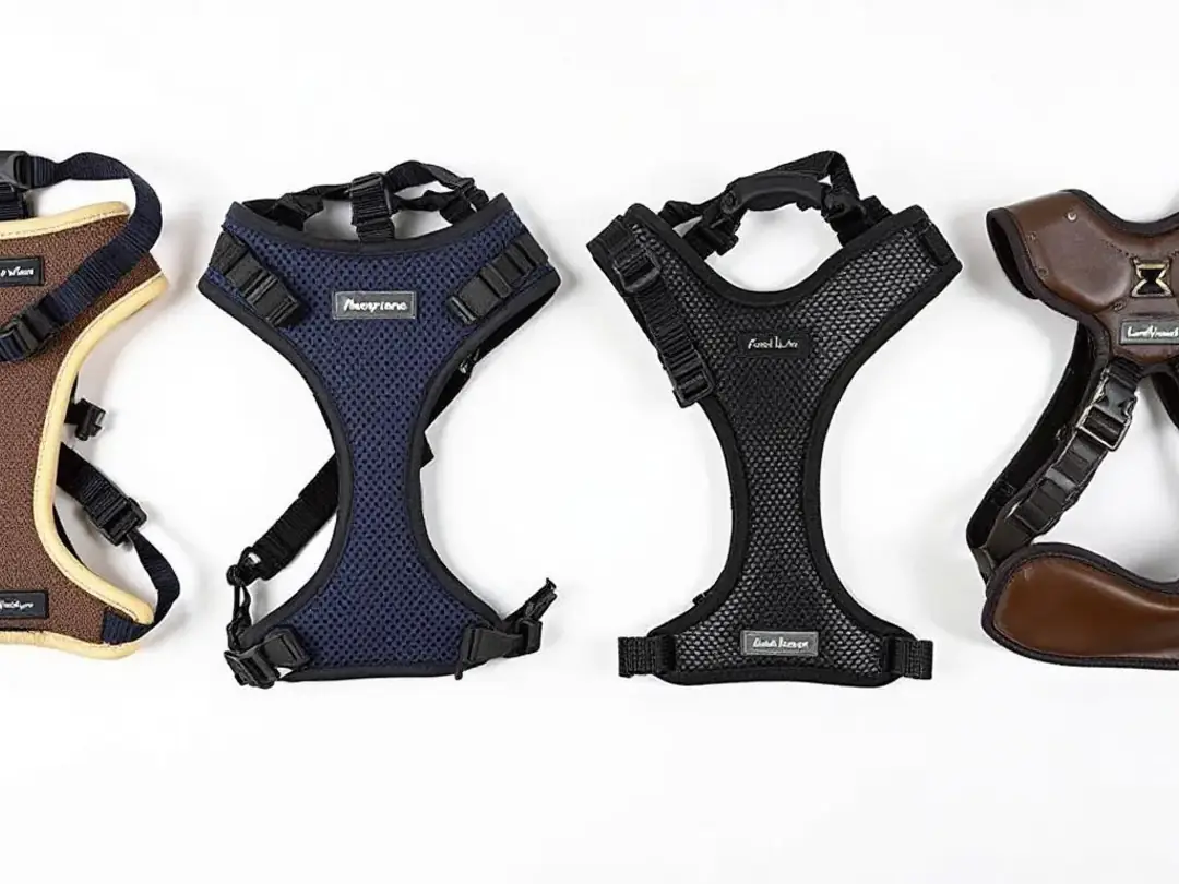 This comparison image displays various types of dog harness materials and padding styles, highlighting differences in...