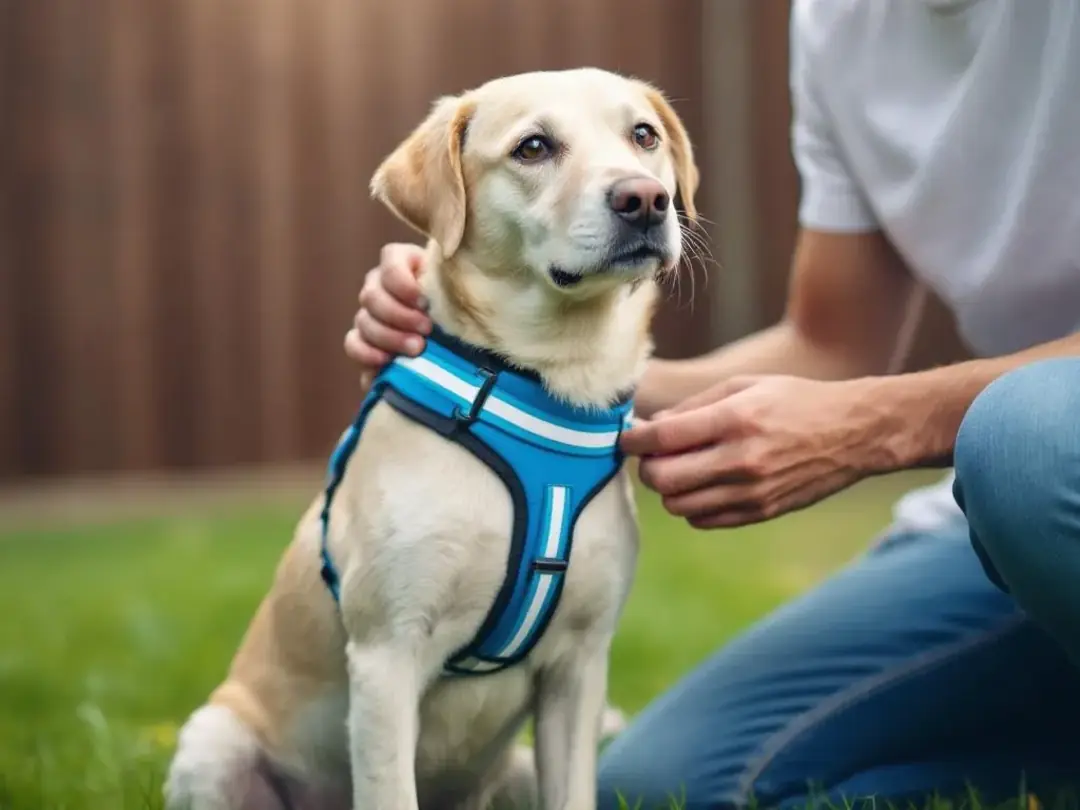 A dog owner is carefully adjusting a harness on their pet, ensuring a proper fit by using their fingers to check for...
