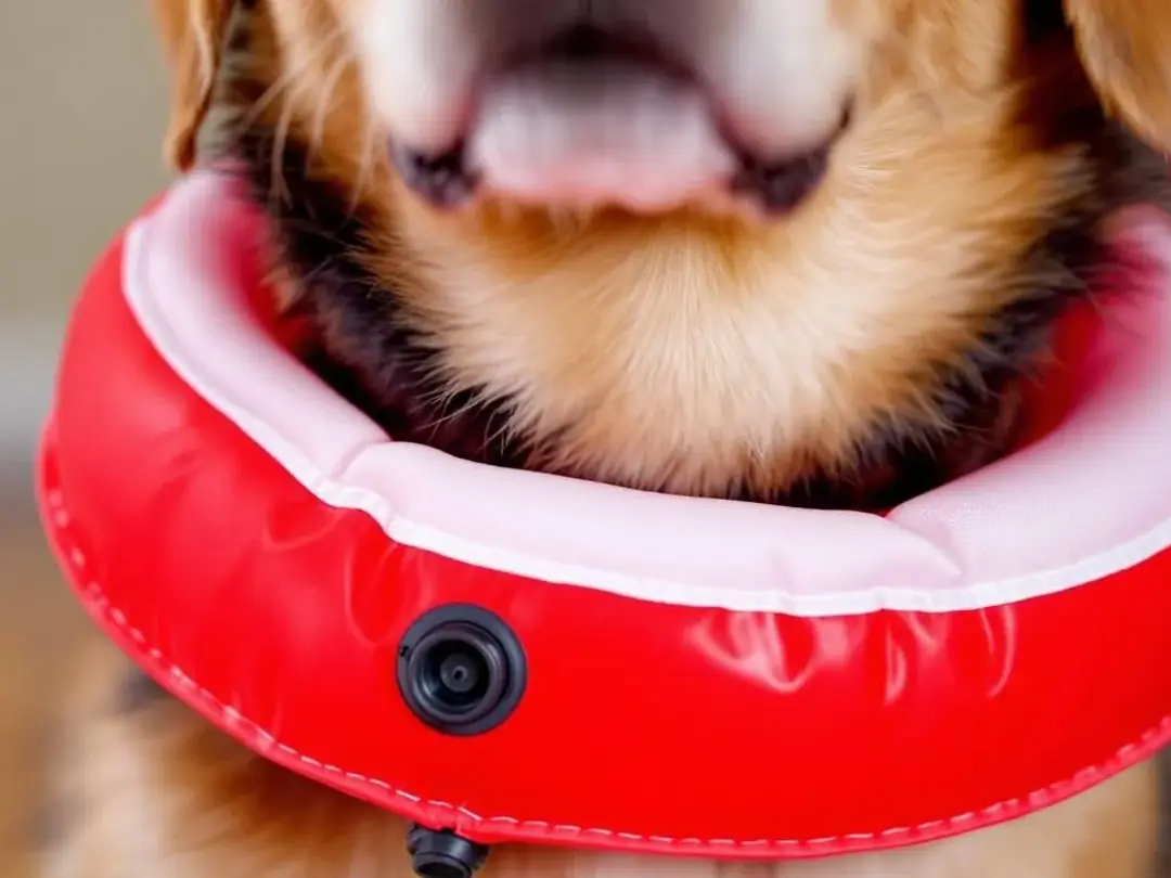 A close-up image shows an inflatable donut-style collar, also known as a comfy cone, secured around a dog's neck...