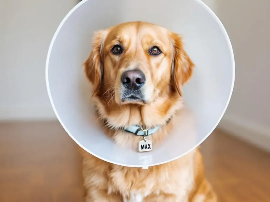 A small dog is wearing a secure plastic cone, also known as an Elizabethan collar, which is properly attached to its...