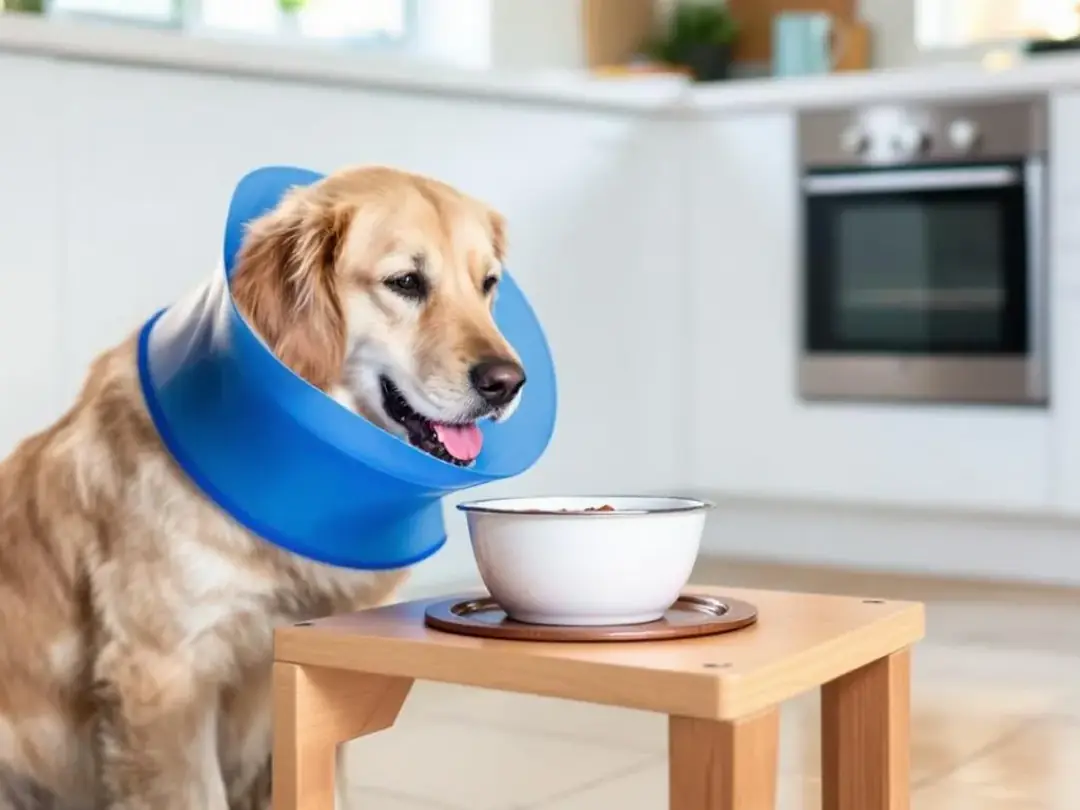 A small dog is eating from an elevated food bowl while wearing a traditional plastic cone, also known as an Elizabethan...