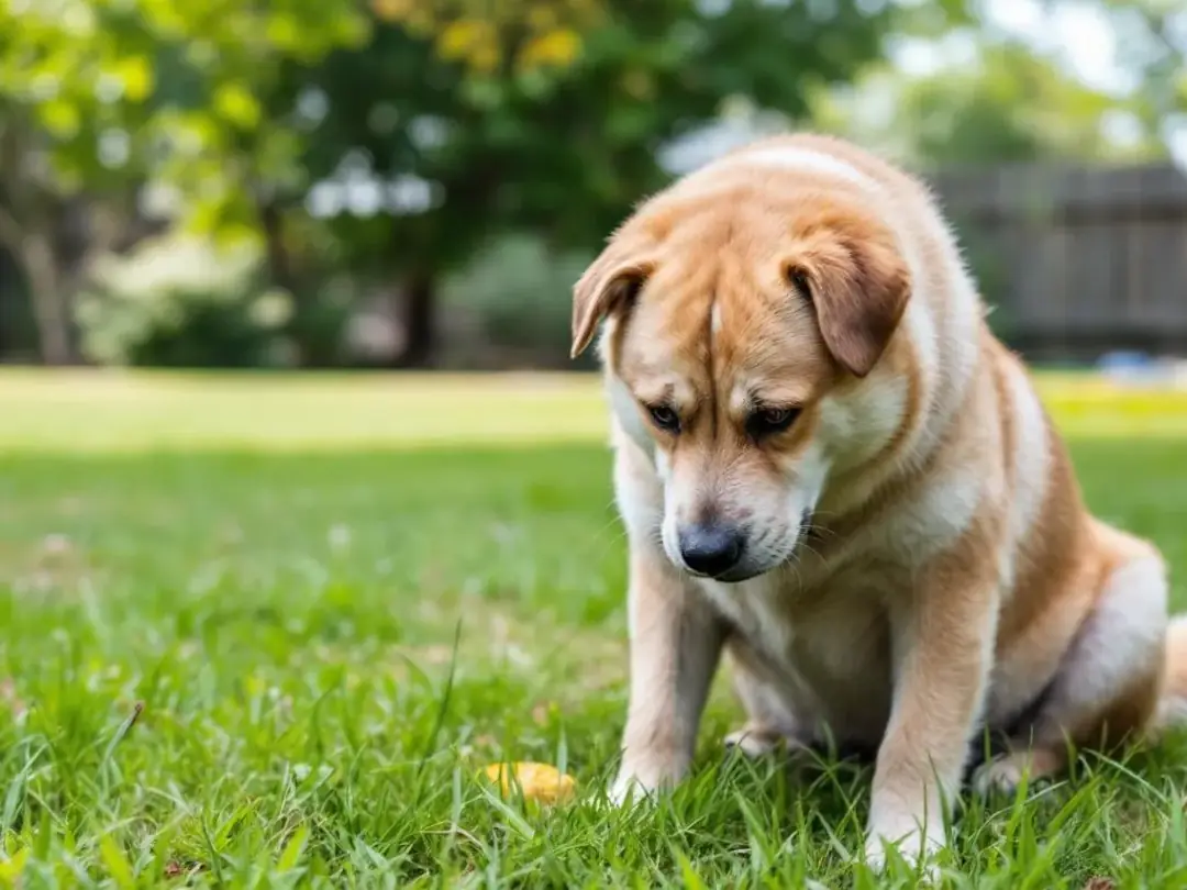 A constipated dog is depicted showing signs of discomfort while attempting to defecate, with a painful abdomen and...