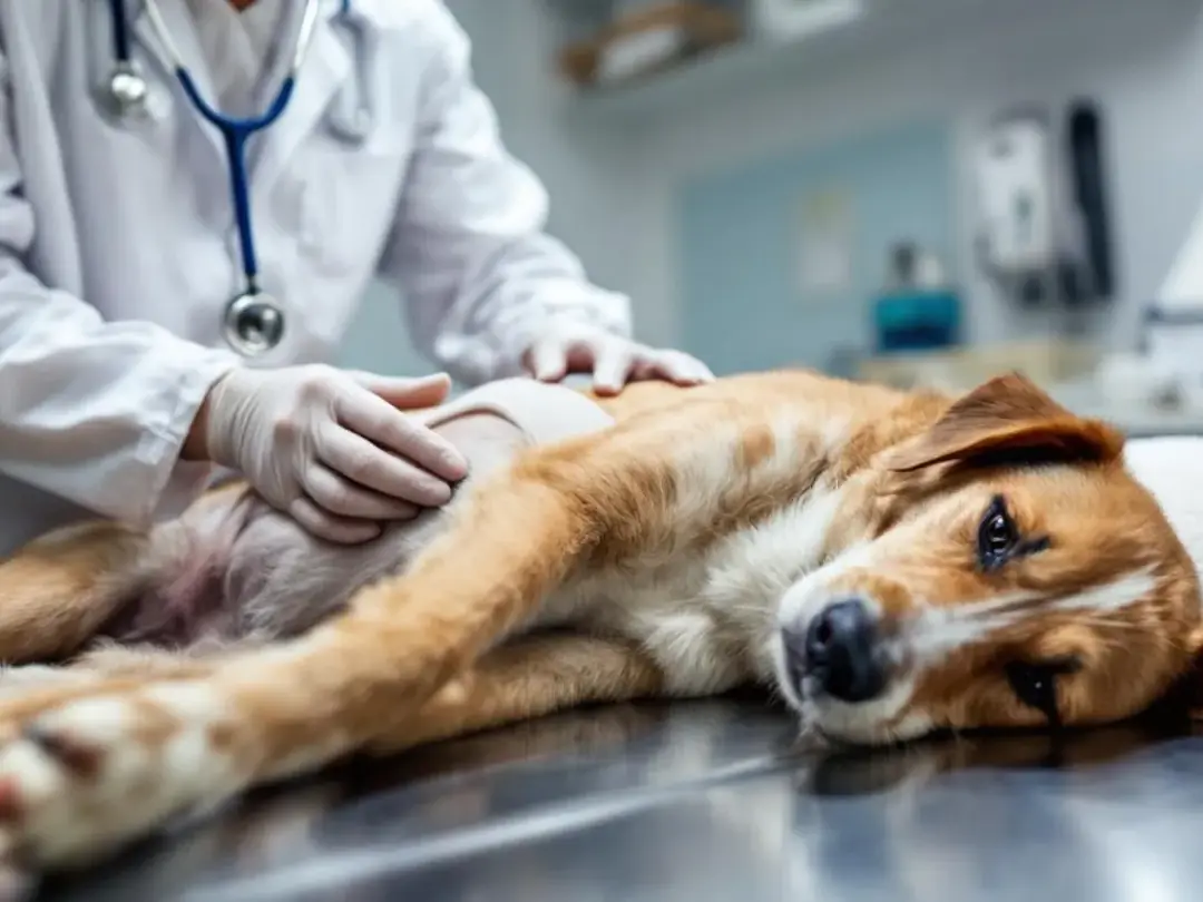 A veterinarian is examining a dog's abdomen during a clinical examination, checking for signs of constipation in dogs...