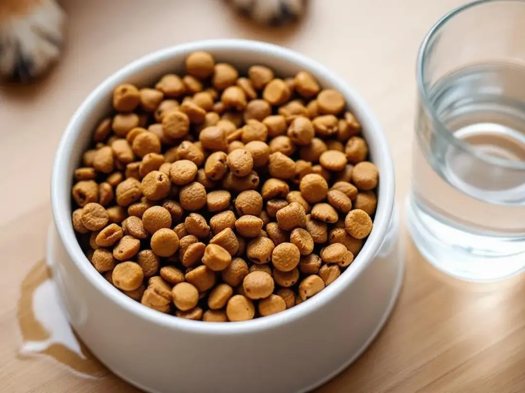 A bowl of high-fiber dog food sits on a surface, accompanied by a bowl of fresh water nearby, promoting healthy...