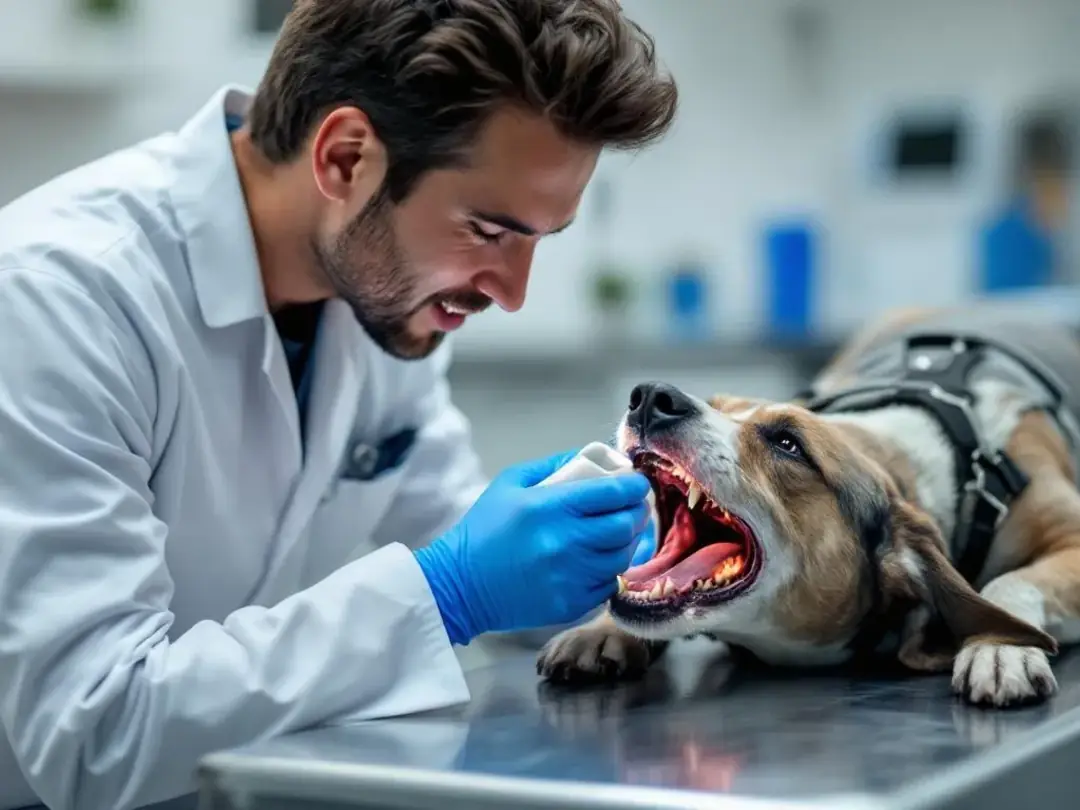 A veterinarian is examining a dog's mouth and throat area to assess for any signs of respiratory distress, such as a...