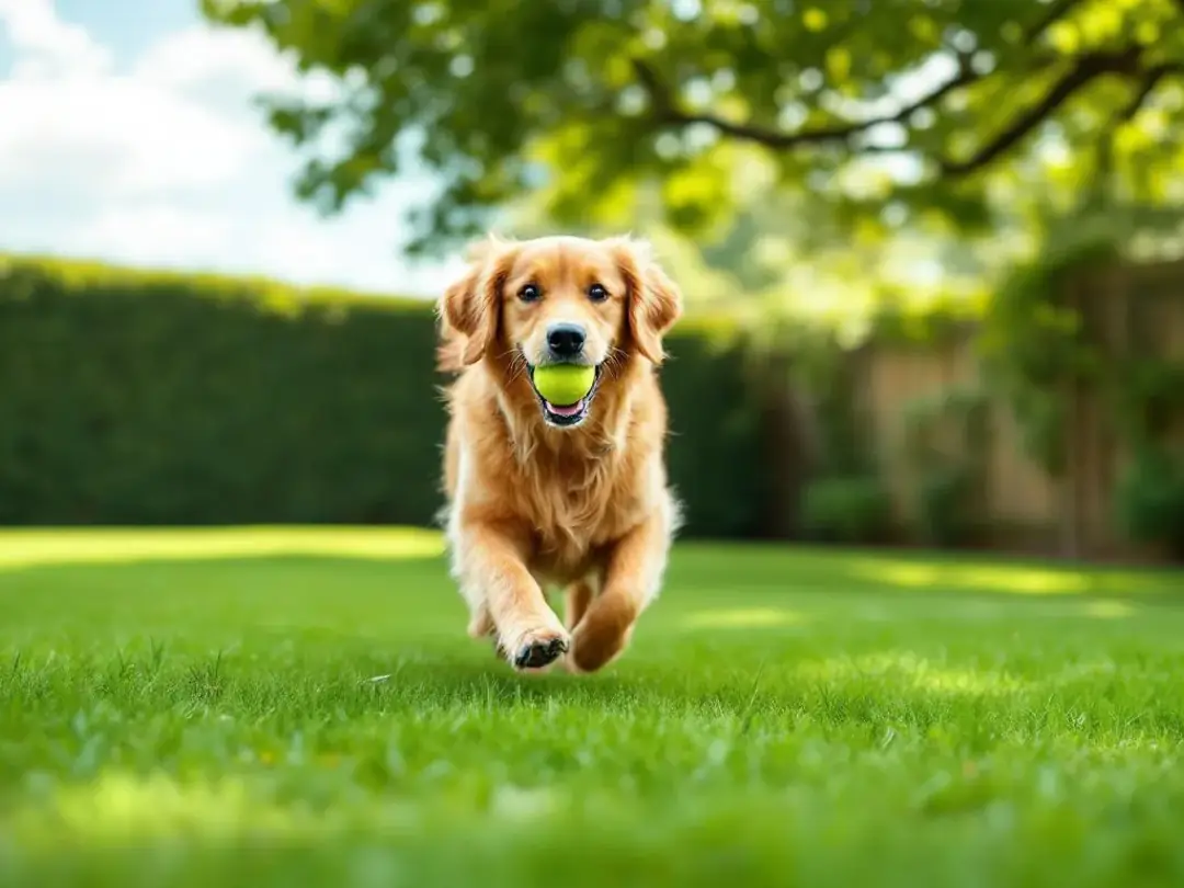 A healthy dog is joyfully playing outdoors in a clean environment, showcasing its energy and vitality. The scene...