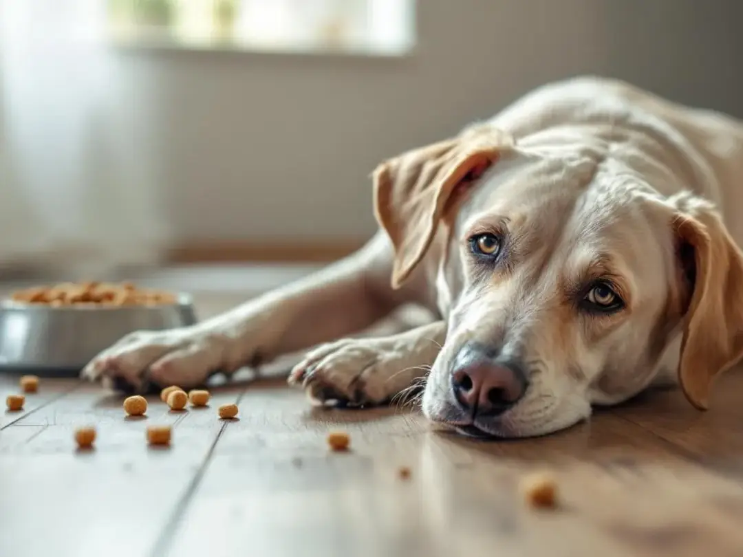 A dog is sitting with a distressed expression, refusing to eat its food, indicating potential stomach pain or...