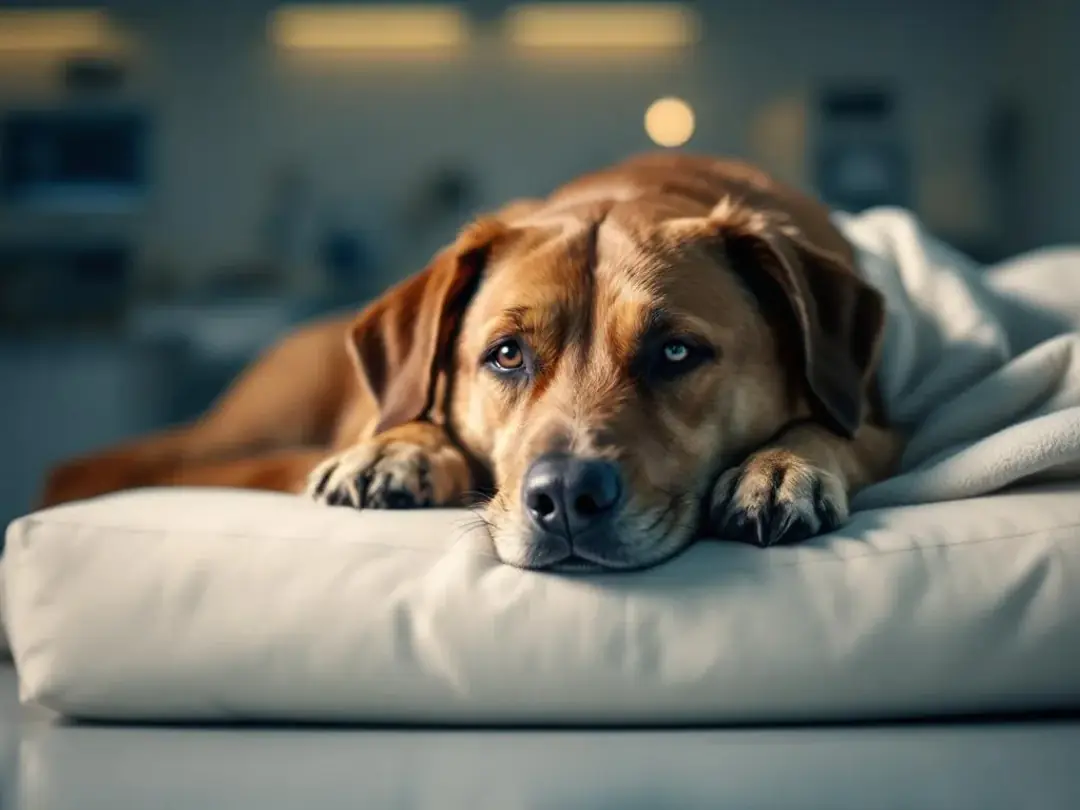 A dog is resting comfortably in a quiet recovery area at a veterinary clinic, appearing calm and relaxed after...