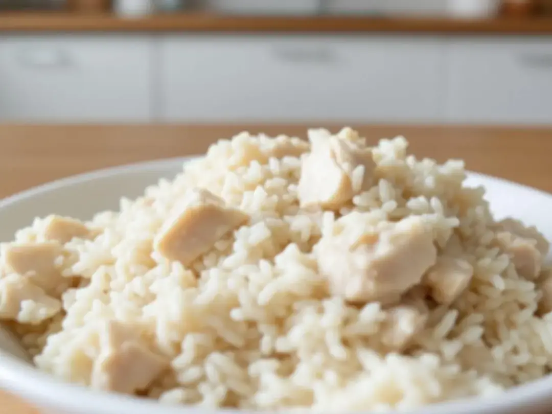 In the image, a mixture of boiled chicken and rice is prepared on a clean surface, representing a bland diet often...