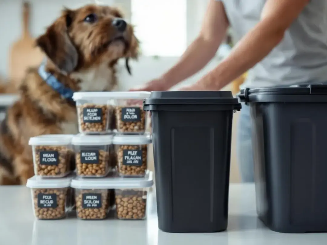 A responsible dog owner is seen properly storing pet food in sealed containers and securing garbage areas to prevent...