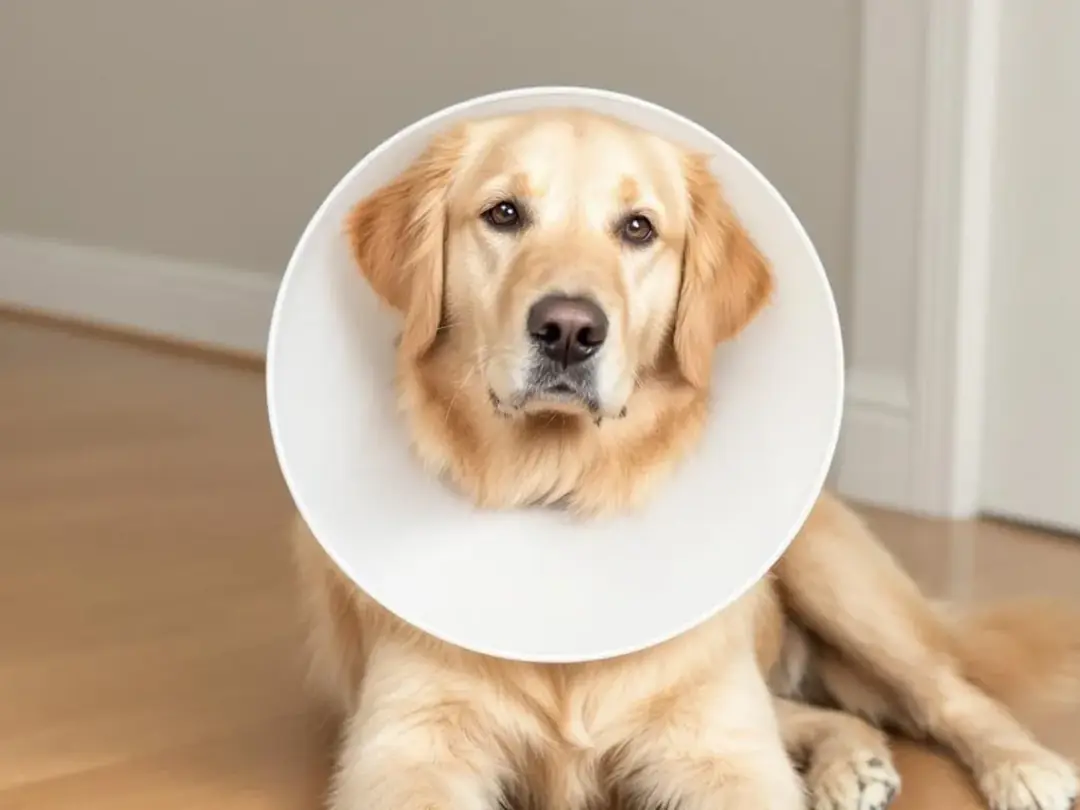 A calm dog is sitting with an Elizabethan collar around its neck, designed to protect its head area, likely due to an...