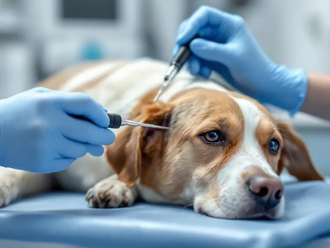 In the image, a veterinarian's hands are carefully examining a dog's ear using professional medical tools, focusing on...