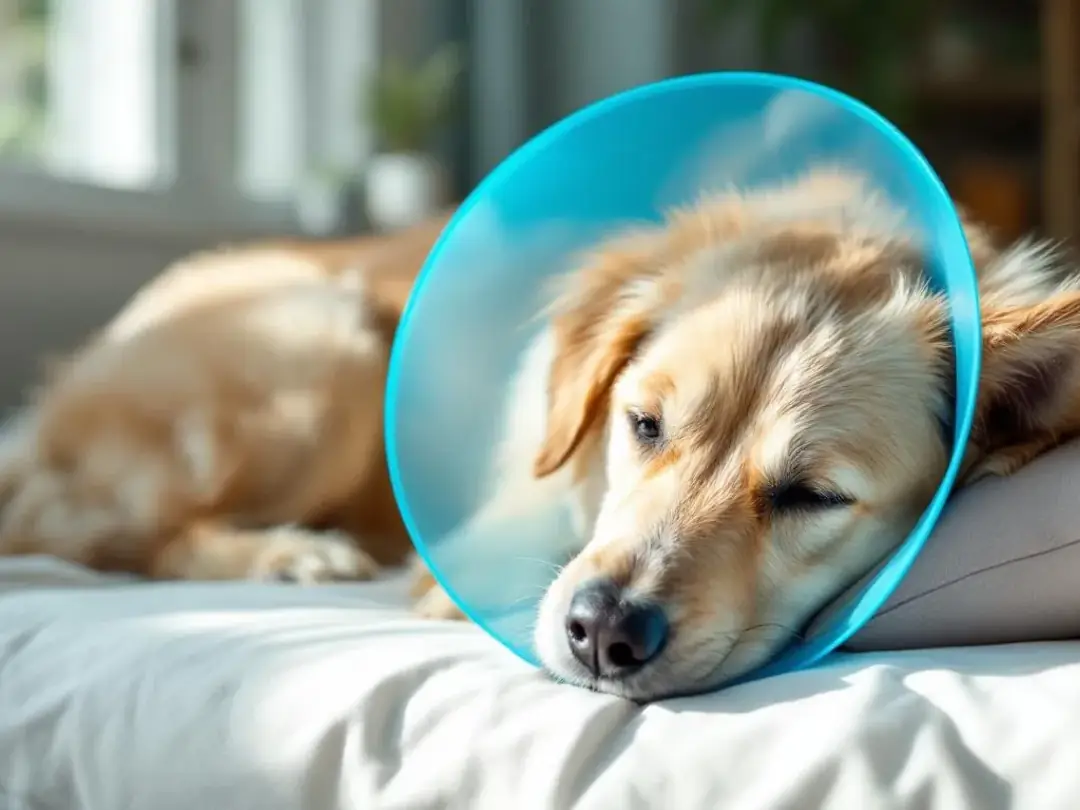 A calm dog is resting comfortably on a bed while wearing an Elizabethan collar, indicating a peaceful recovery from an...