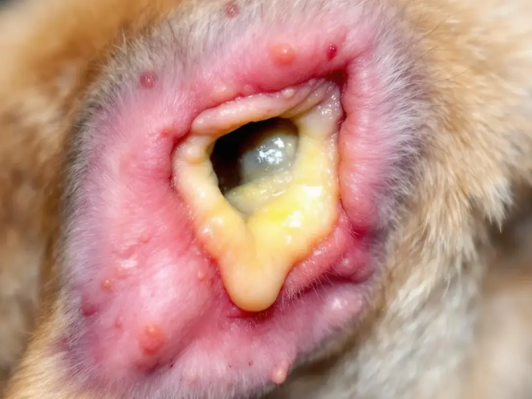 A close-up view of a dog's infected ear reveals significant redness and discharge, indicating a possible ear infection...