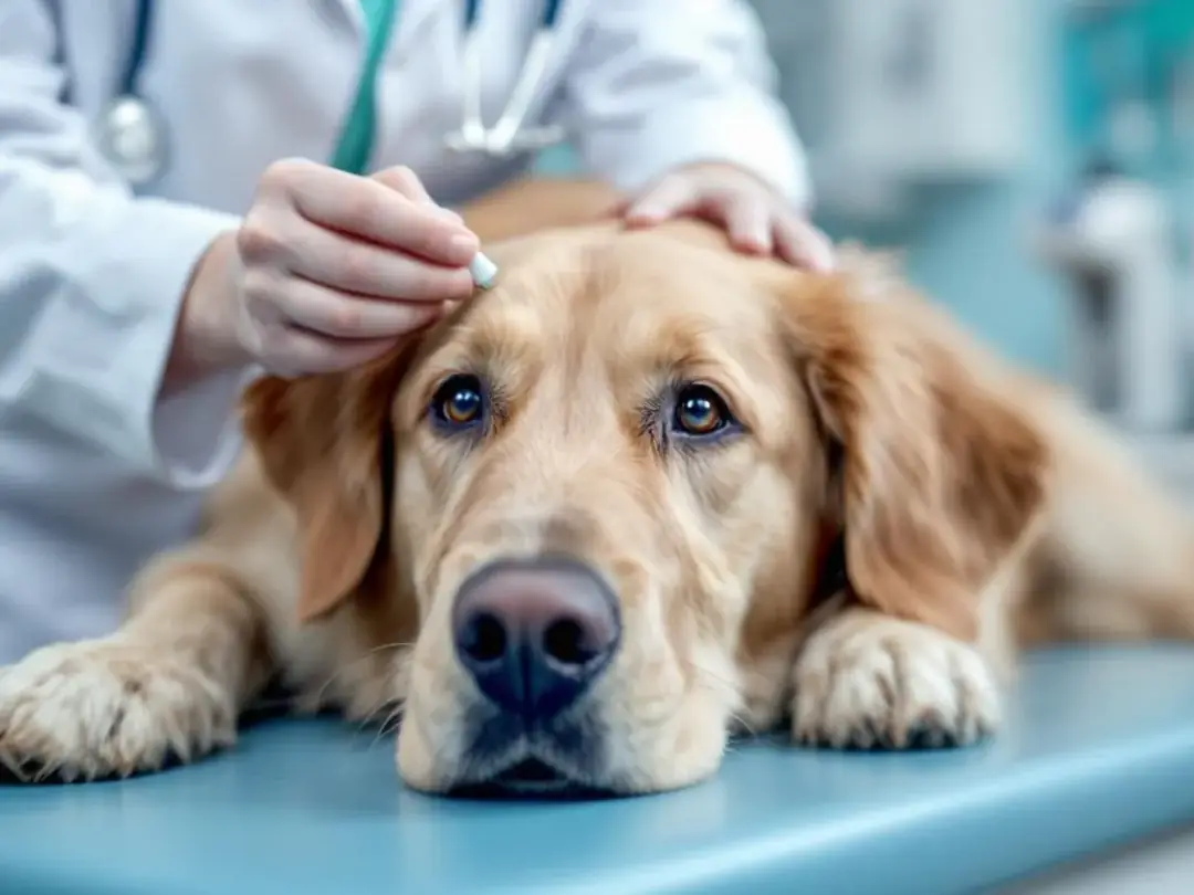 A veterinarian is administering ear drops to a dog to treat its ear infection, focusing on the dog's ear canal. The dog...