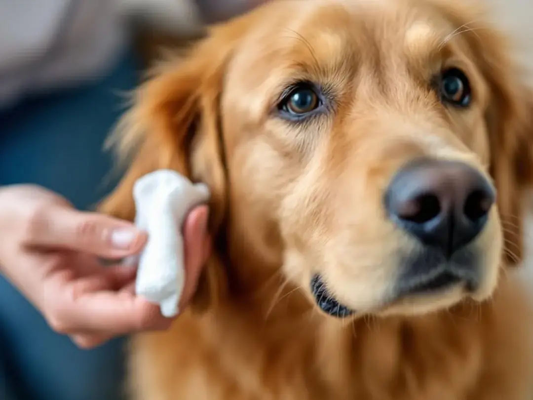 A dog is having its ears cleaned with a cotton ball and ear cleaner, highlighting the importance of regular ear...