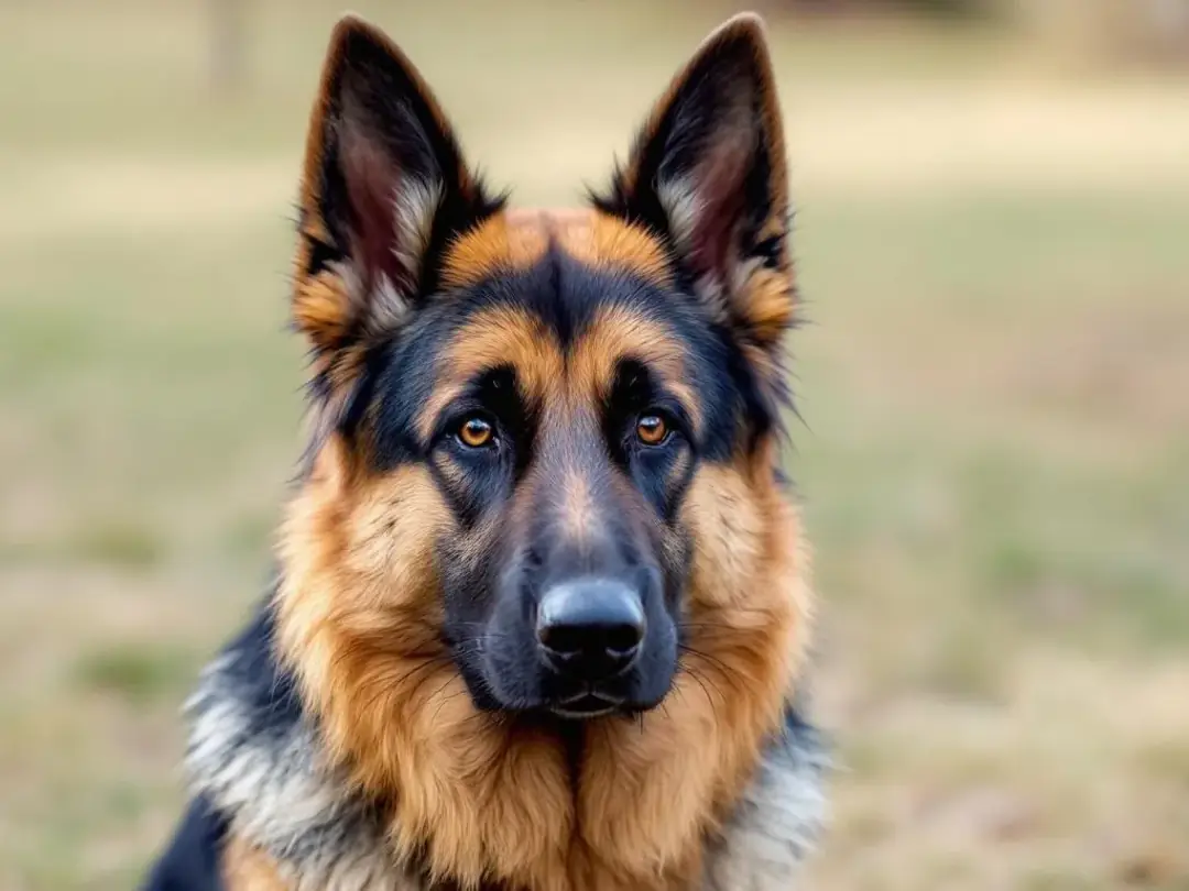 A German Shepherd is depicted with its ears pointed forward, indicating alert attention and curiosity. The dog's...