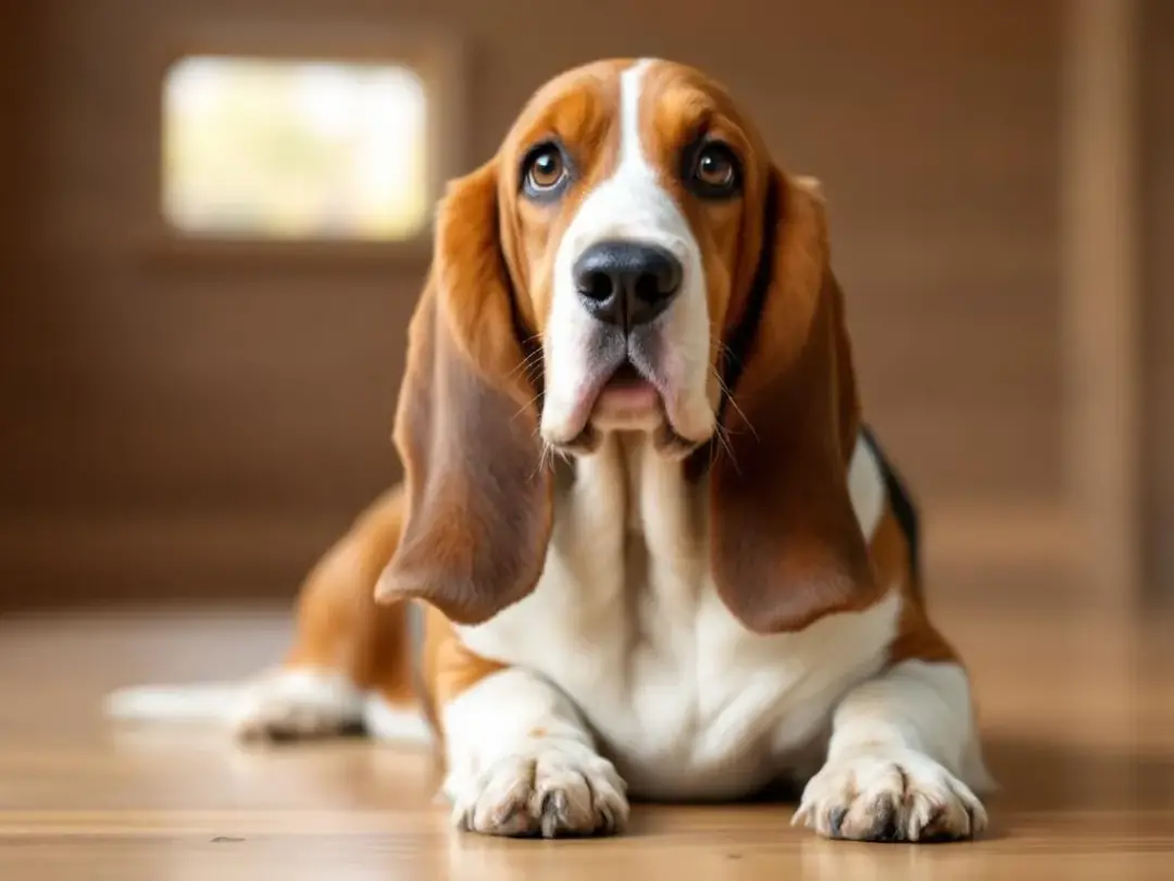 A relaxed Basset Hound is depicted with its naturally drooping ears in a neutral position, showcasing its calm demeanor...