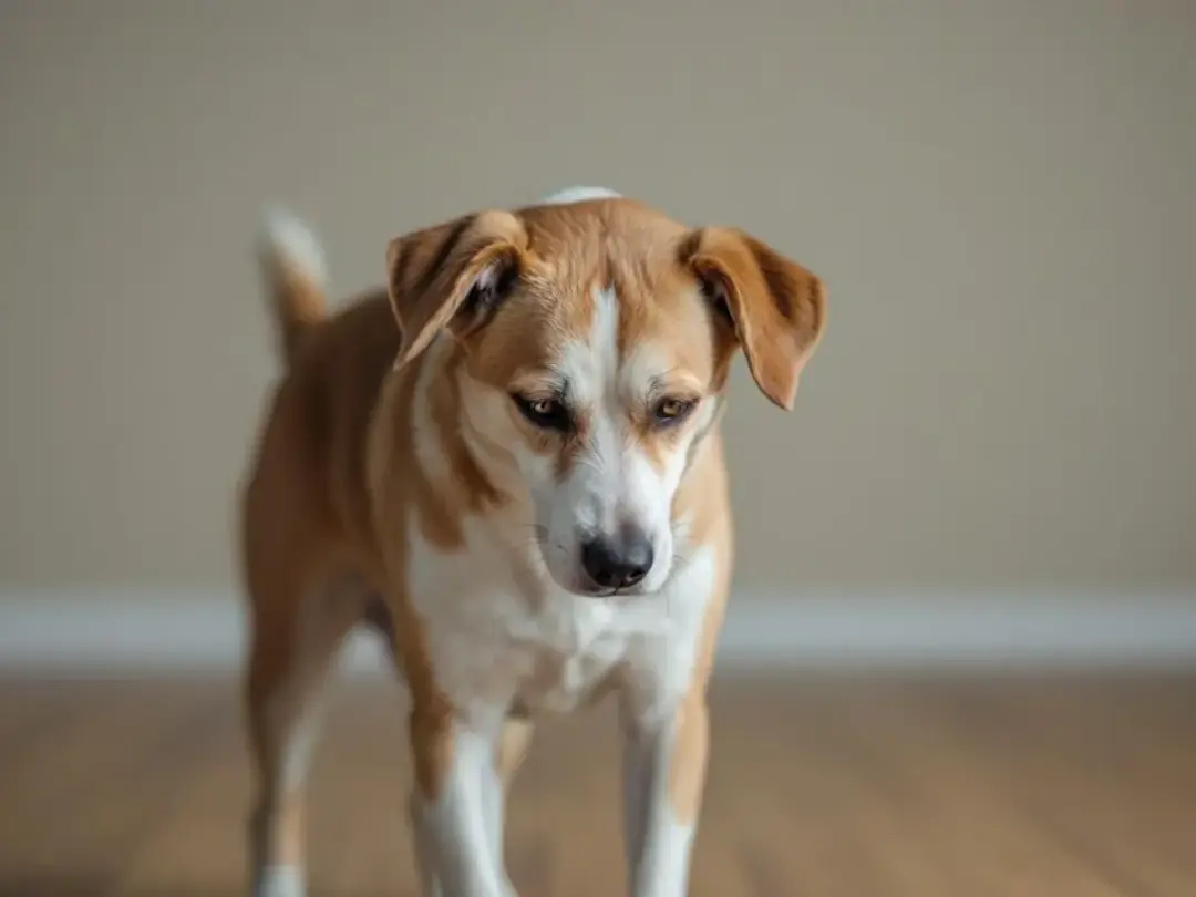 A dog with its ears pinned back against its head displays signs of anxiety or submission, indicating its feelings...
