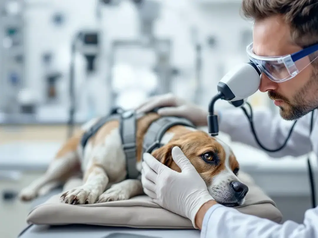 A veterinarian is carefully examining a dog's eyes using specialized equipment to check for signs of dog eye allergies...