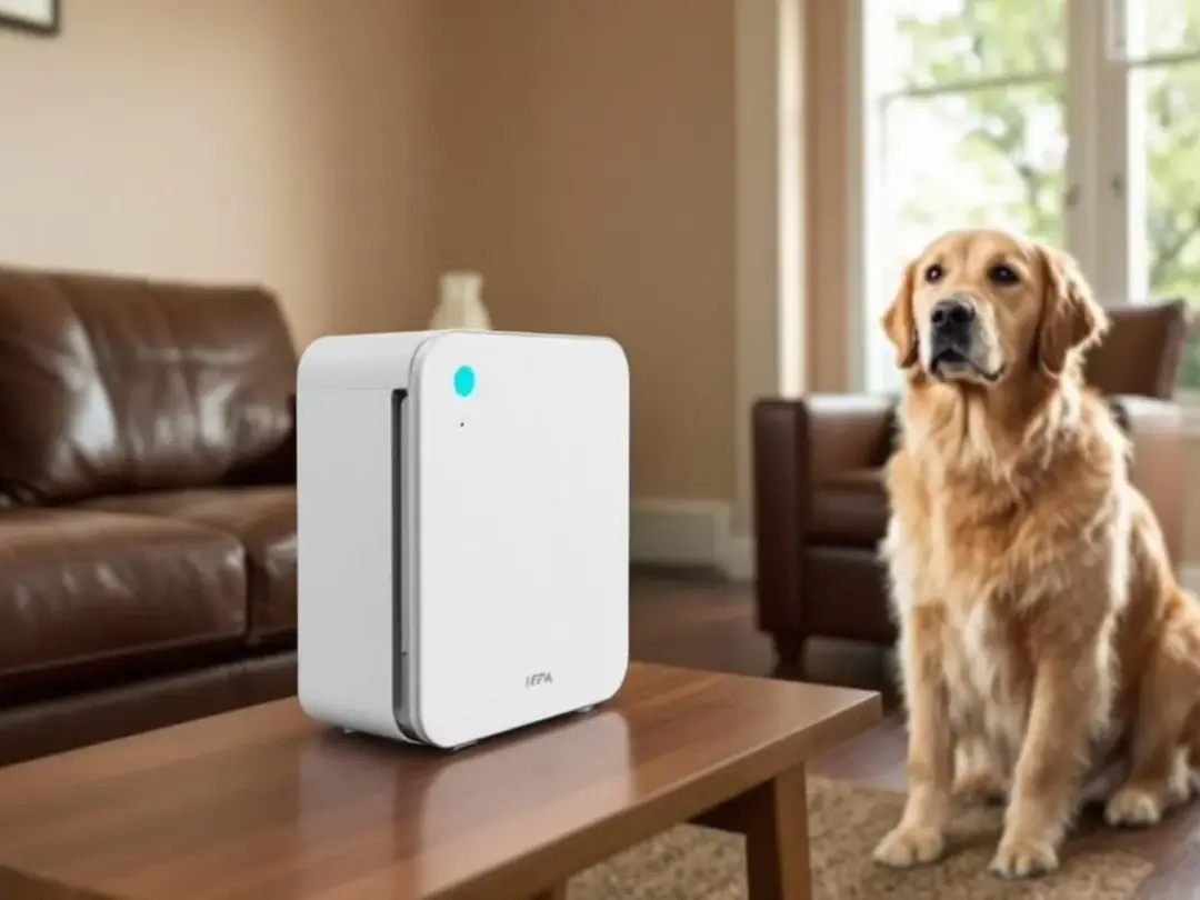 An HEPA air purifier is running in a cozy living room, with a dog sitting nearby, potentially benefiting from cleaner...