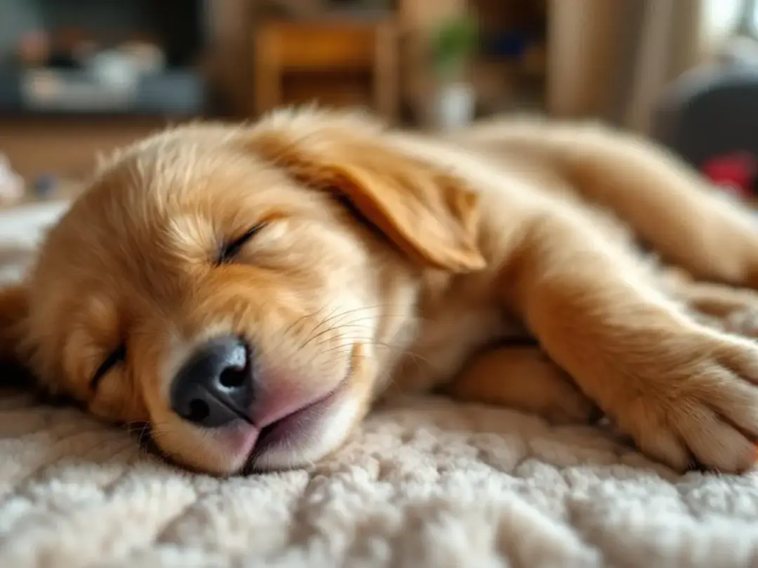 A young golden retriever puppy is sleeping peacefully, its calm irregular breathing following a brief episode of dog...