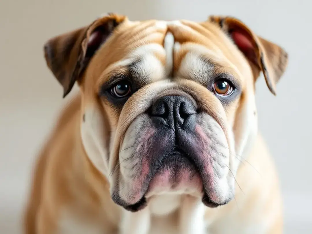An English bulldog with a characteristic flat face displays typical brachycephalic features, which can sometimes lead...