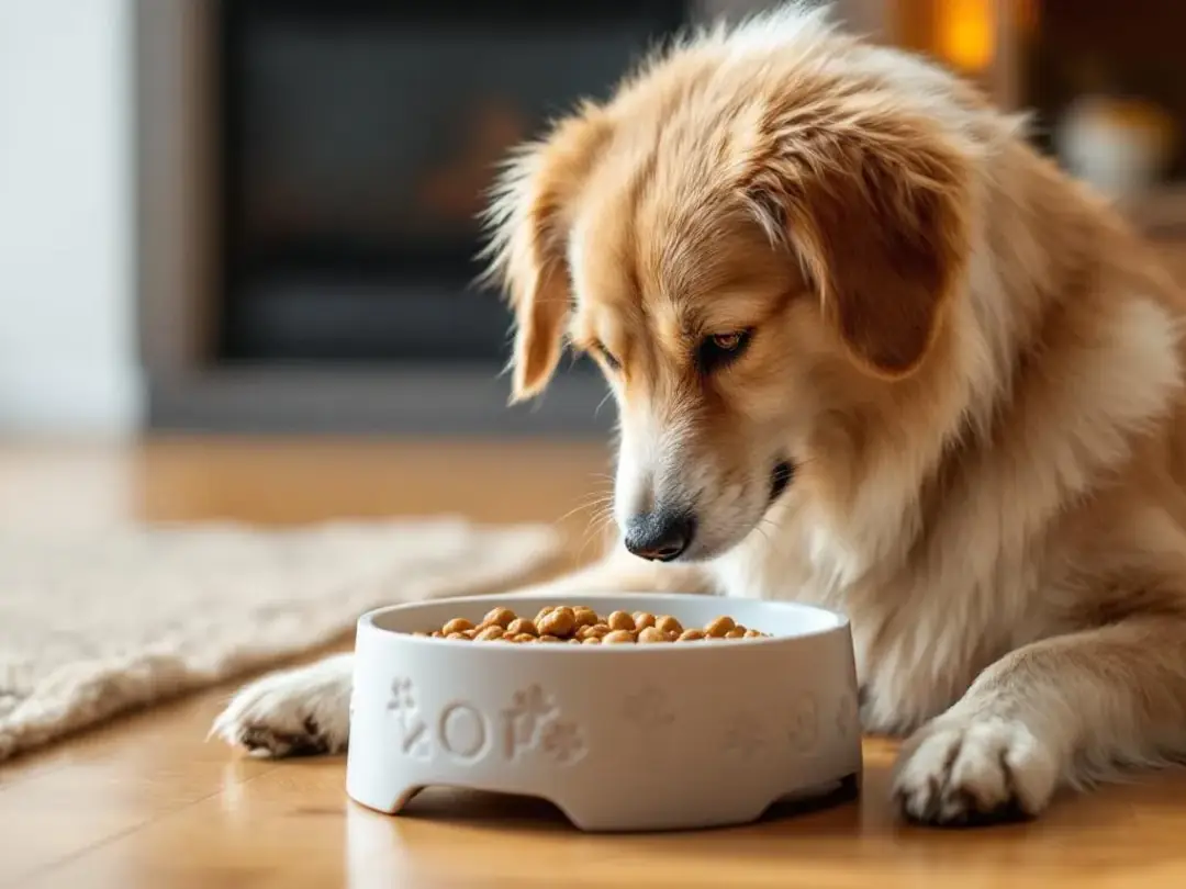 A calm adult dog is eating from a specialized slow feeder bowl, designed to promote smaller portions and prevent...