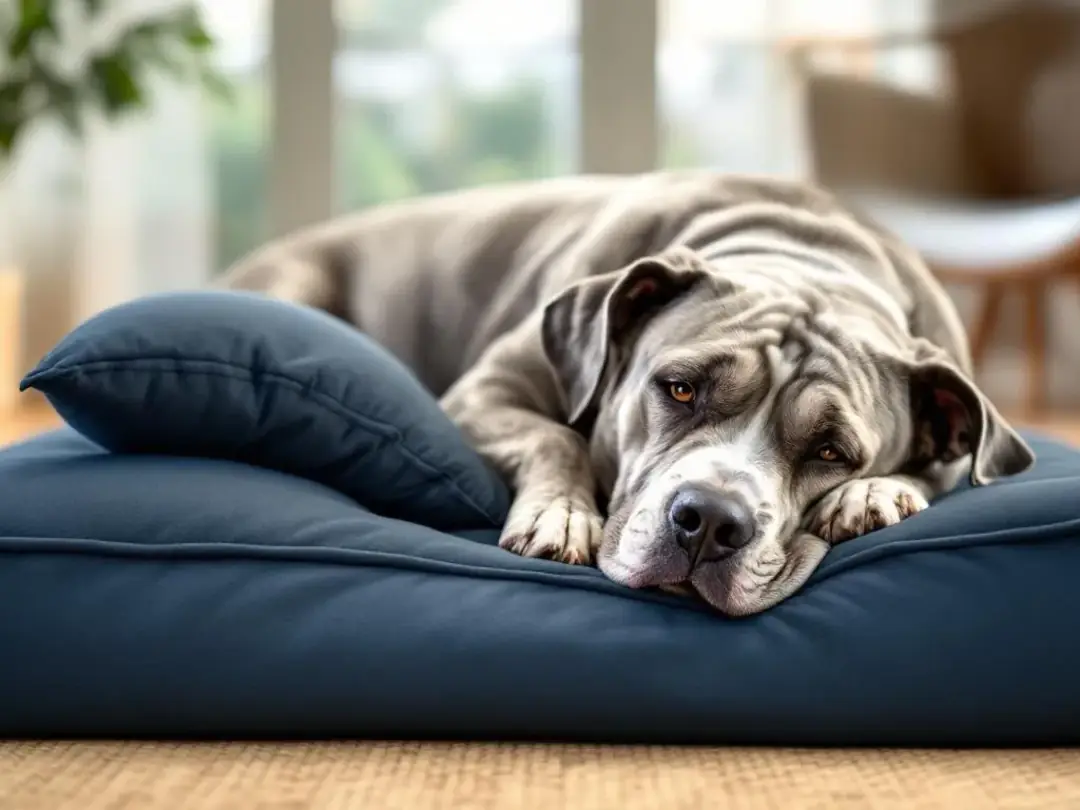 A senior dog rests comfortably on orthopedic bedding in a warm, well-lit room, showcasing the importance of joint...