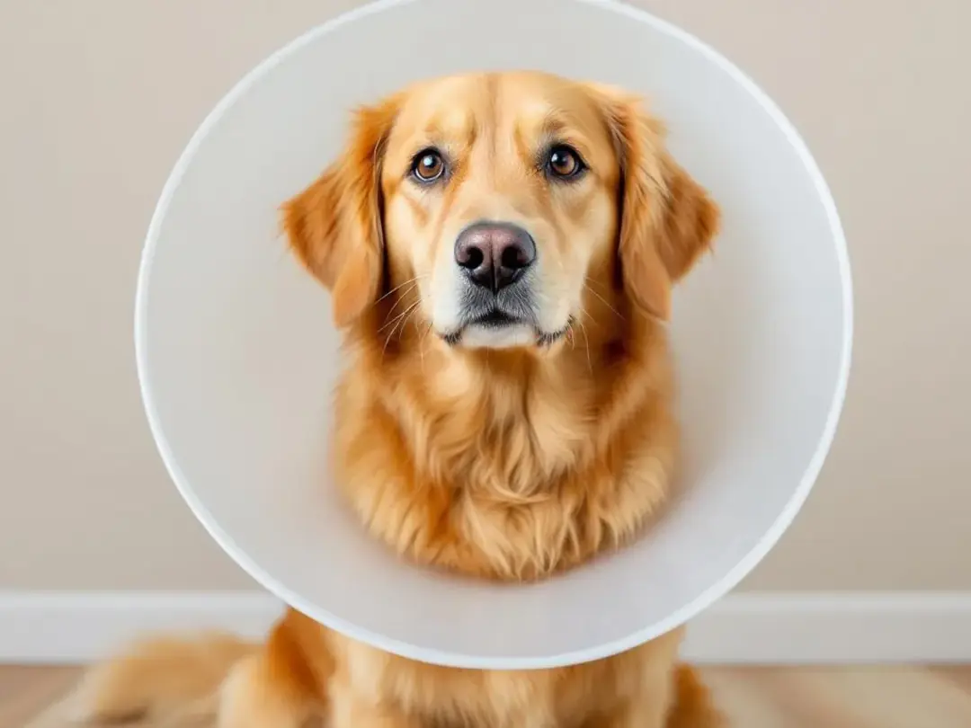 An image of a dog wearing an Elizabethan collar, designed to prevent excessive licking and scratching of its skin. The...