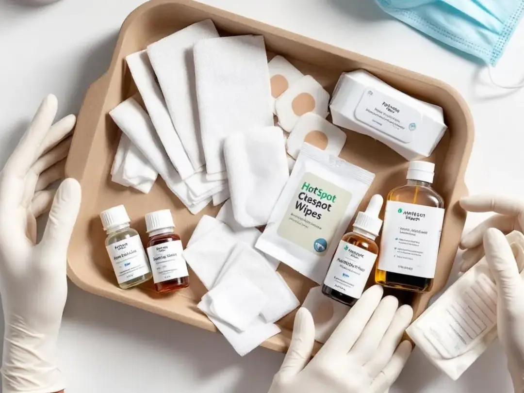 The image displays a variety of hot spot treatment supplies, including topical medications, cleaning solutions, and...