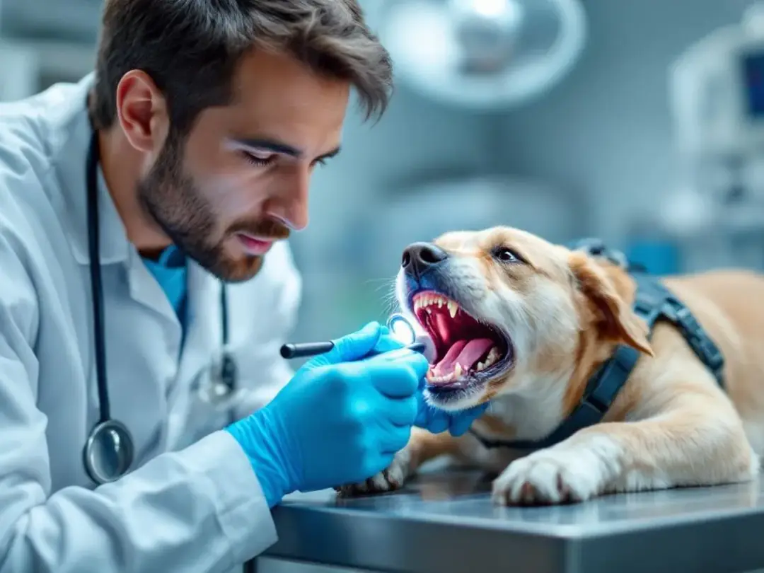 A veterinarian is examining a dog's mouth with a medical light, looking closely at the dog's teeth and gums. The dog...