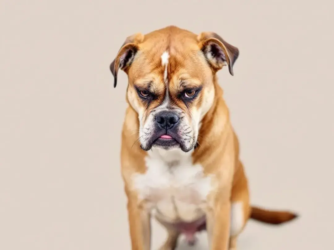 A dog is displaying stress signals with its head lowered and an anxious expression, demonstrating lip licking behavior...