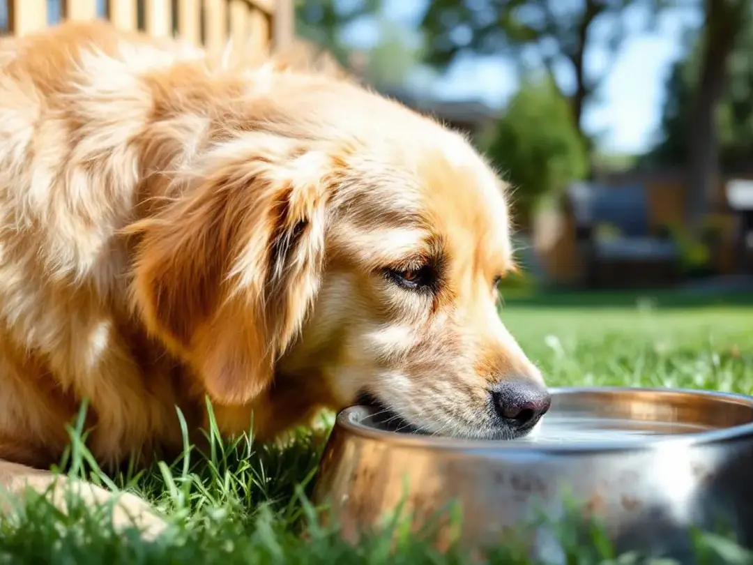 A dog is drinking water from a metal bowl outdoors, its tongue licking the surface as it quenches its thirst. The dog's...