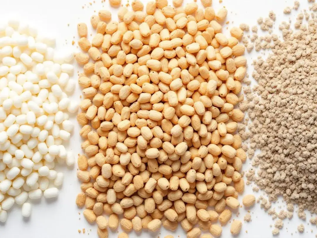 In the image, various types of dog litter are displayed, including paper pellets and wood pellets, highlighting their...