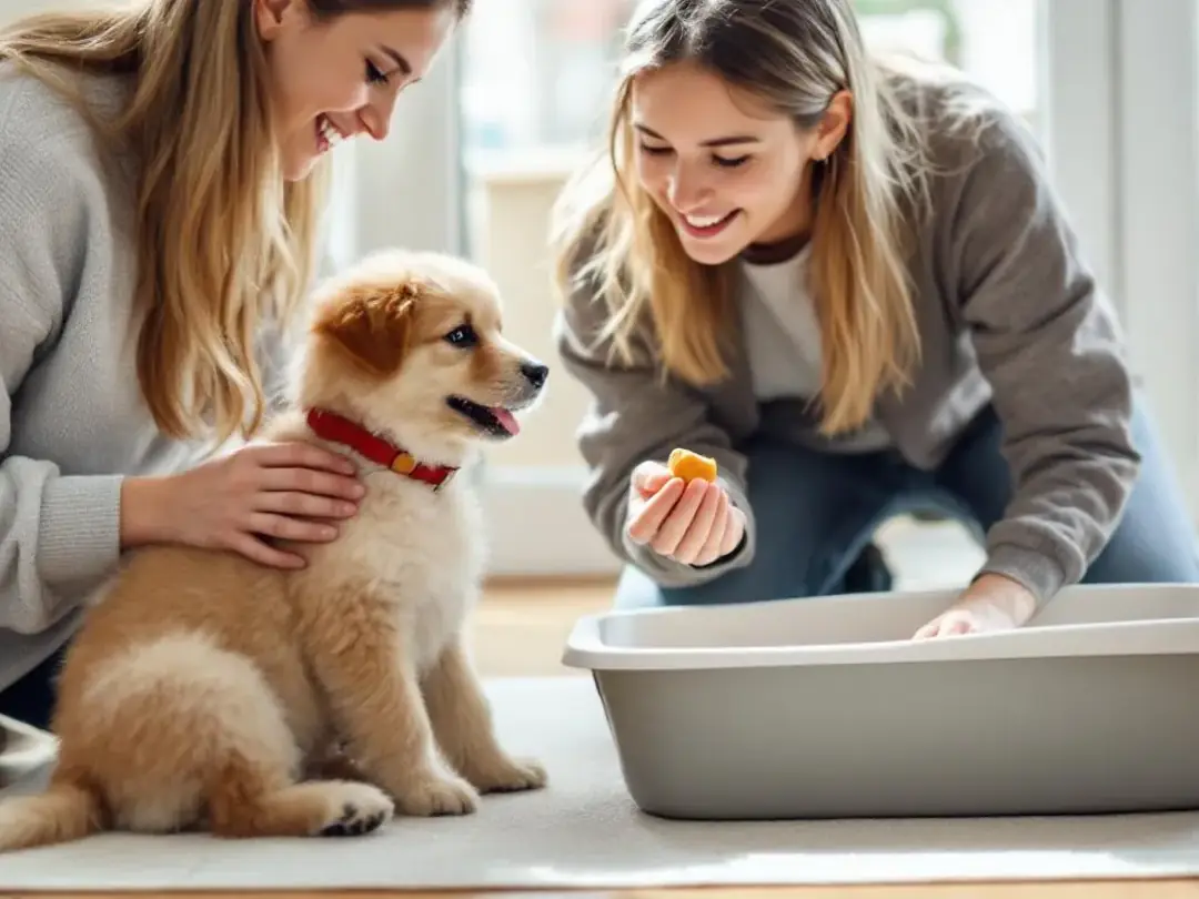 A dog owner is training a small puppy to use a dog litter box, employing positive reinforcement techniques. The scene...