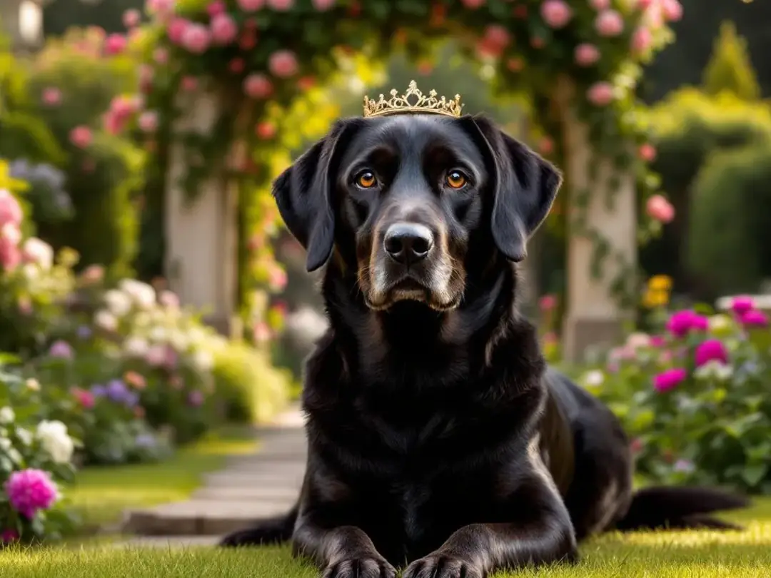 A regal female dog, resembling a character from a Disney movie, is sitting gracefully in a lush garden, adorned with a...