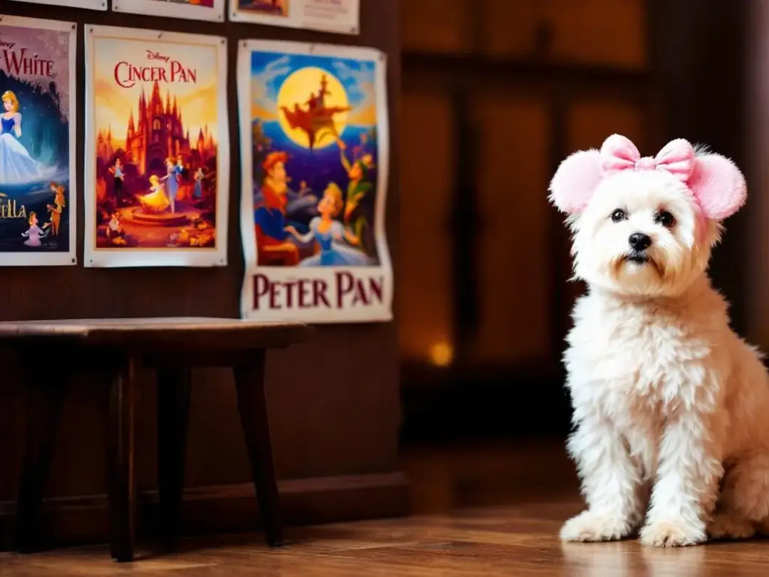 A small white dog wearing Mickey Mouse ears sits beside colorful Disney movie posters featuring iconic characters from...