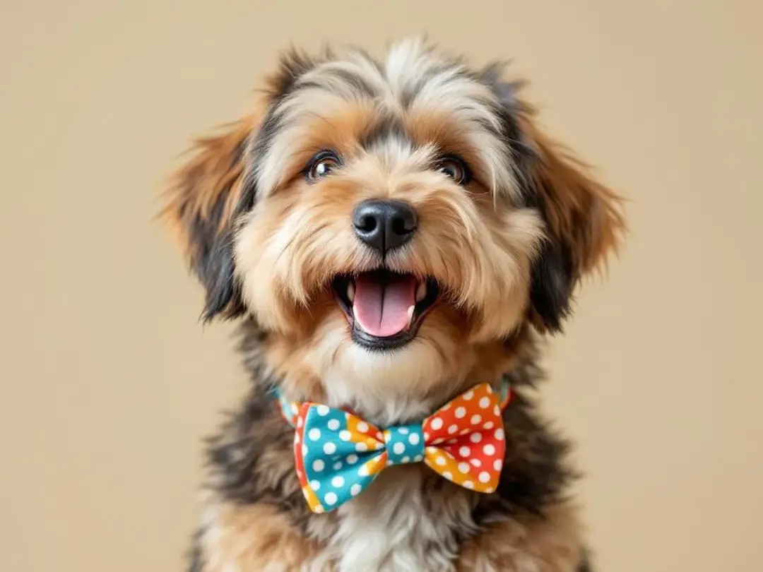 A playful dog wearing a colorful bow tie is captured mid-laugh, exuding joy and charm reminiscent of iconic animated...