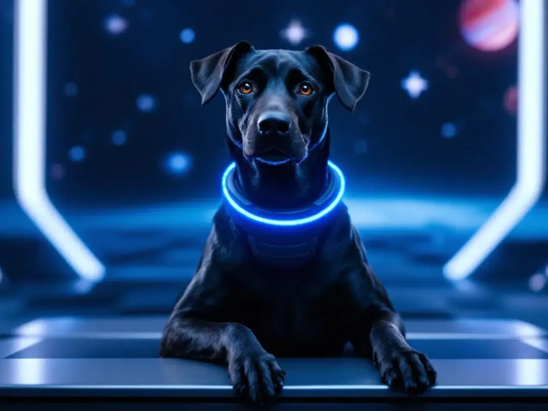 A sleek white dog, reminiscent of iconic characters from animated Disney movies, wears a futuristic collar adorned with...