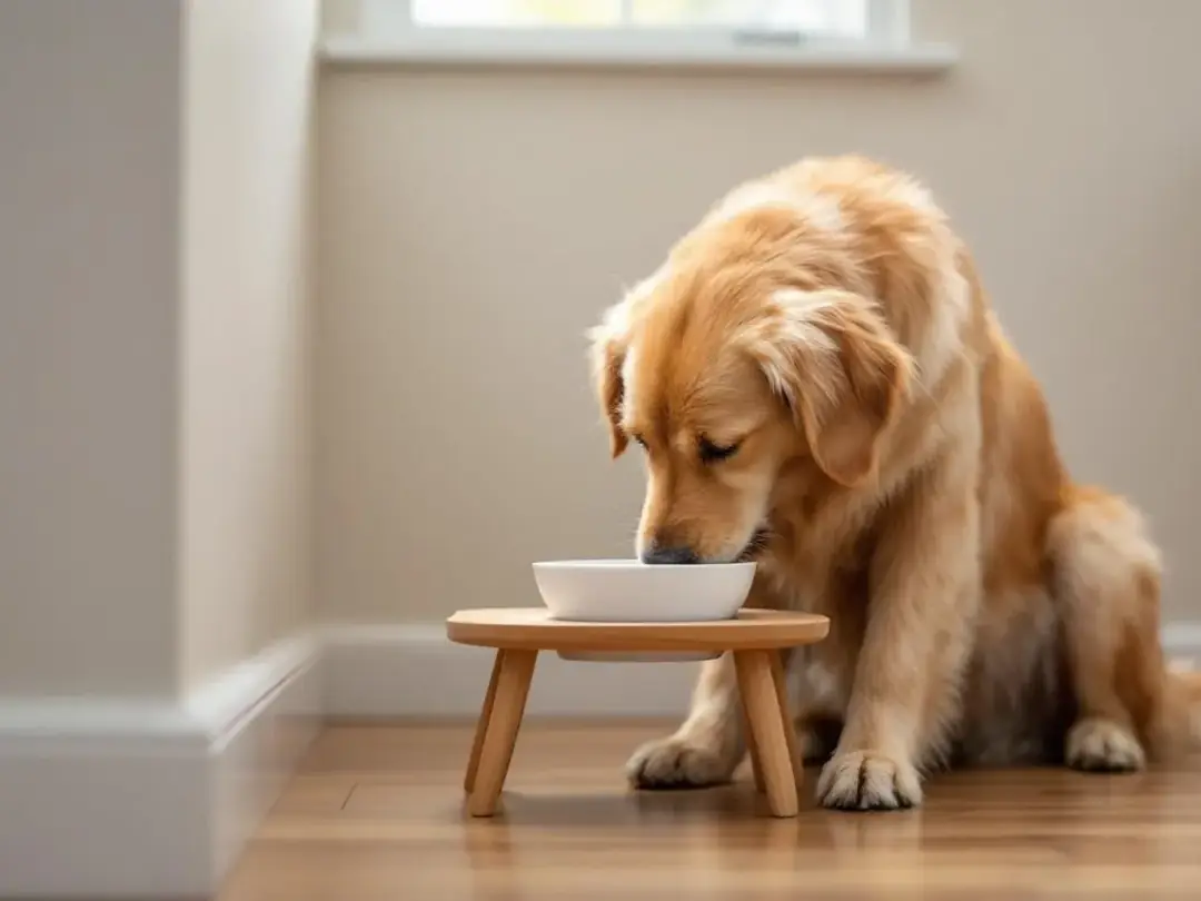 A dog is happily eating from an elevated food bowl placed in a quiet corner, showcasing its healthy appetite for dry...
