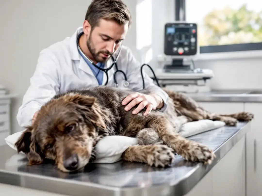A veterinarian is carefully examining a dog's chest with a stethoscope to diagnose pneumonia, checking for signs of...