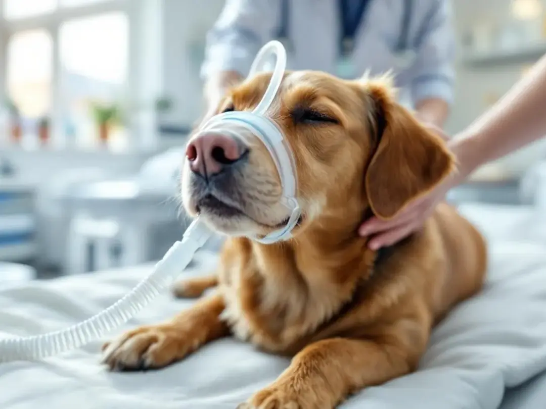 A dog is receiving oxygen therapy in a veterinary hospital, surrounded by medical equipment aimed at treating its...